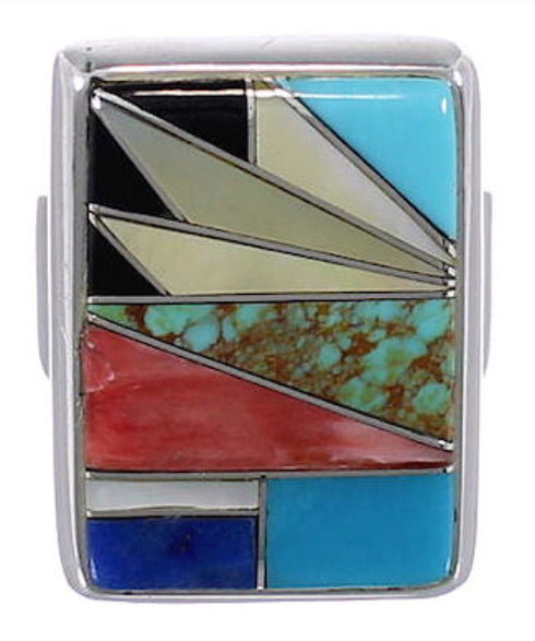 Heavy Multicolor Inlay Sterling Silver Ring Size 5-3/4 WX37666